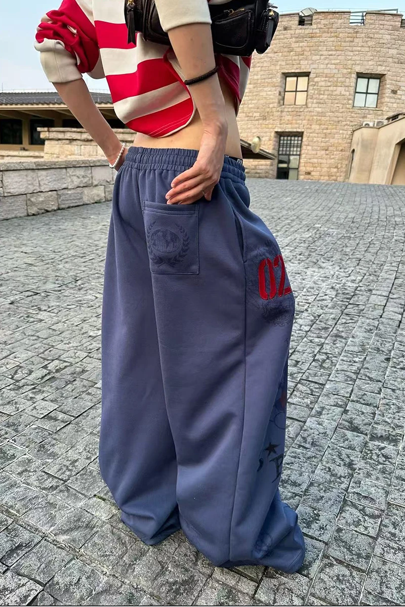 Y2K American Printed Women Wide Leg Pants Winter Thick Loose Drawstring Sweatpants High Waist Streetwear Straight Trousers Mujer