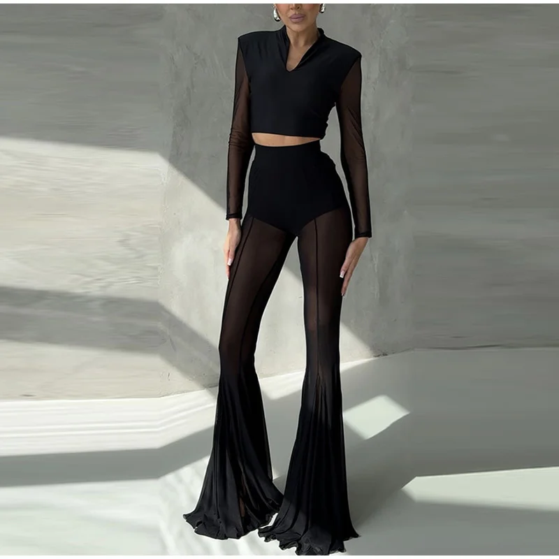 Summer Loose Hollow Out Wide Leg Pants Women Shiny Fashion See Through Street Trousers 2025 New Lady Mesh Holiday Outerwear