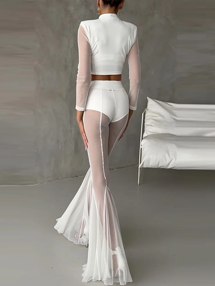 Summer Loose Hollow Out Wide Leg Pants Women Shiny Fashion See Through Street Trousers 2025 New Lady Mesh Holiday Outerwear