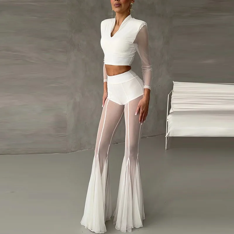 Summer Loose Hollow Out Wide Leg Pants Women Shiny Fashion See Through Street Trousers 2025 New Lady Mesh Holiday Outerwear