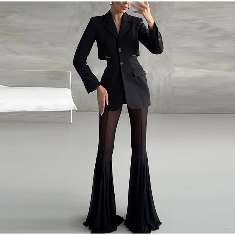 Summer Loose Hollow Out Wide Leg Pants Women Shiny Fashion See Through Street Trousers 2025 New Lady Mesh Holiday Outerwear