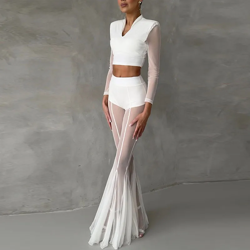 Summer Loose Hollow Out Wide Leg Pants Women Shiny Fashion See Through Street Trousers 2025 New Lady Mesh Holiday Outerwear