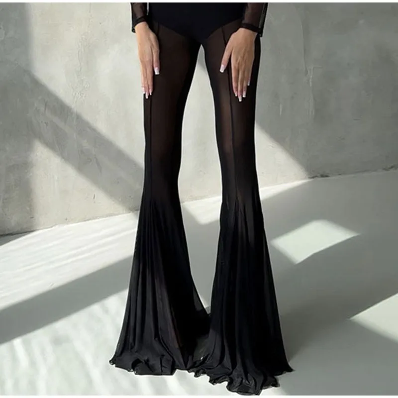 Summer Loose Hollow Out Wide Leg Pants Women Shiny Fashion See Through Street Trousers 2025 New Lady Mesh Holiday Outerwear