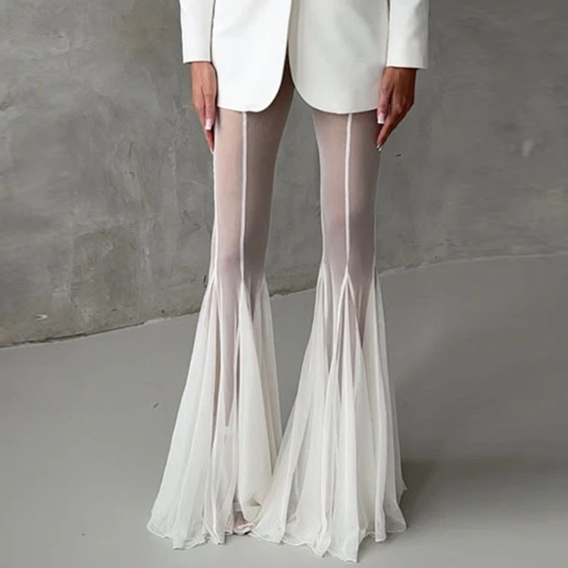 Summer Loose Hollow Out Wide Leg Pants Women Shiny Fashion See Through Street Trousers 2025 New Lady Mesh Holiday Outerwear