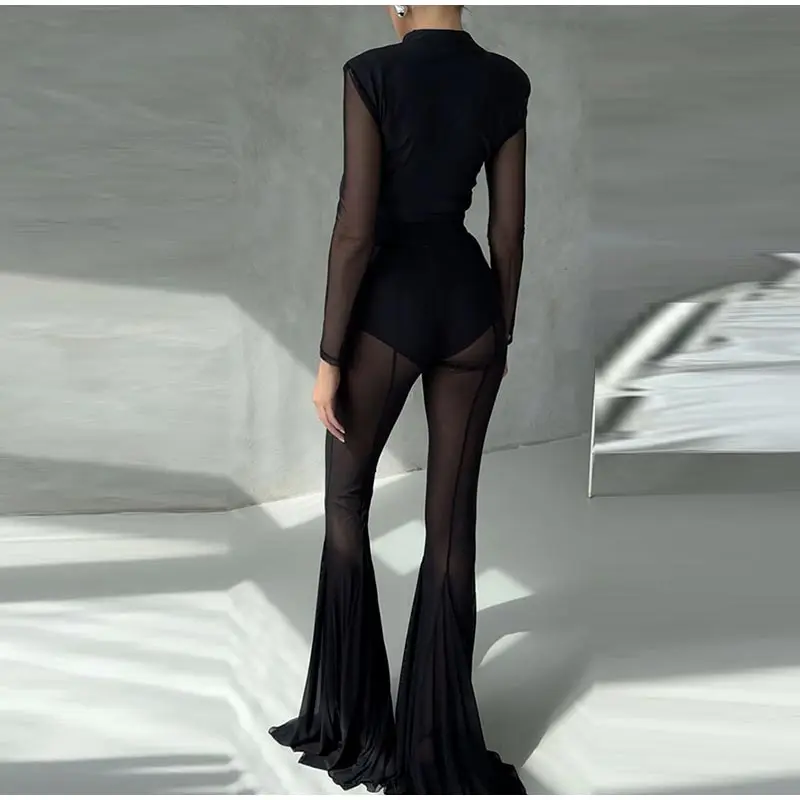Summer Loose Hollow Out Wide Leg Pants Women Shiny Fashion See Through Street Trousers 2025 New Lady Mesh Holiday Outerwear