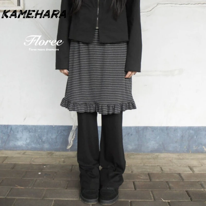 KAMEHARA Korean Fall Pant Girl's Striped Patchwork Ruffle Edge Retro Y2k Light Asian Fake Two-piece Layered Slimming Skirt Pants