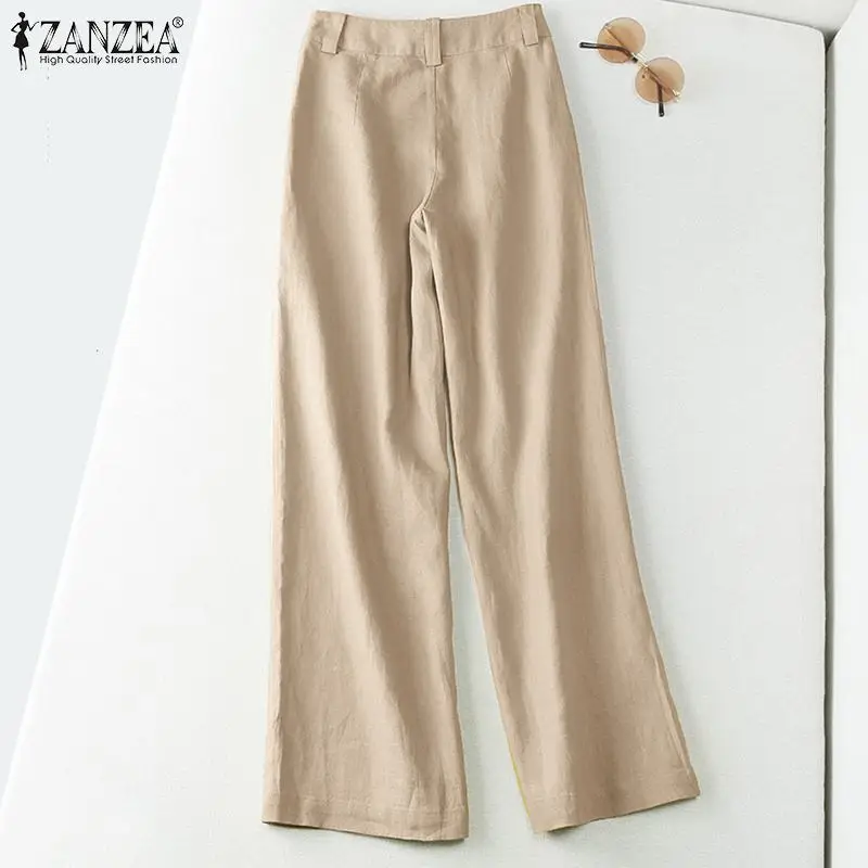 ZANZEA 2025 Autumn Summer Spring Fashion Women Pants Cotton Linen Long Trousers Wide Leg Plain Holiday Casual Pants Streetwear