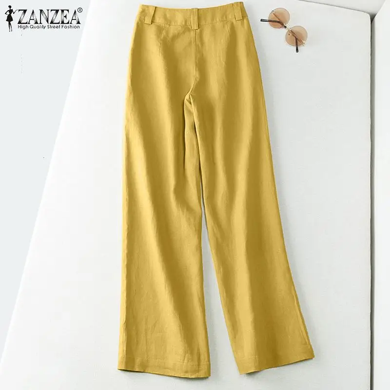 ZANZEA 2025 Autumn Summer Spring Fashion Women Pants Cotton Linen Long Trousers Wide Leg Plain Holiday Casual Pants Streetwear