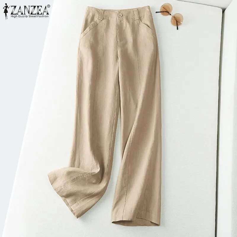 ZANZEA 2025 Autumn Summer Spring Fashion Women Pants Cotton Linen Long Trousers Wide Leg Plain Holiday Casual Pants Streetwear