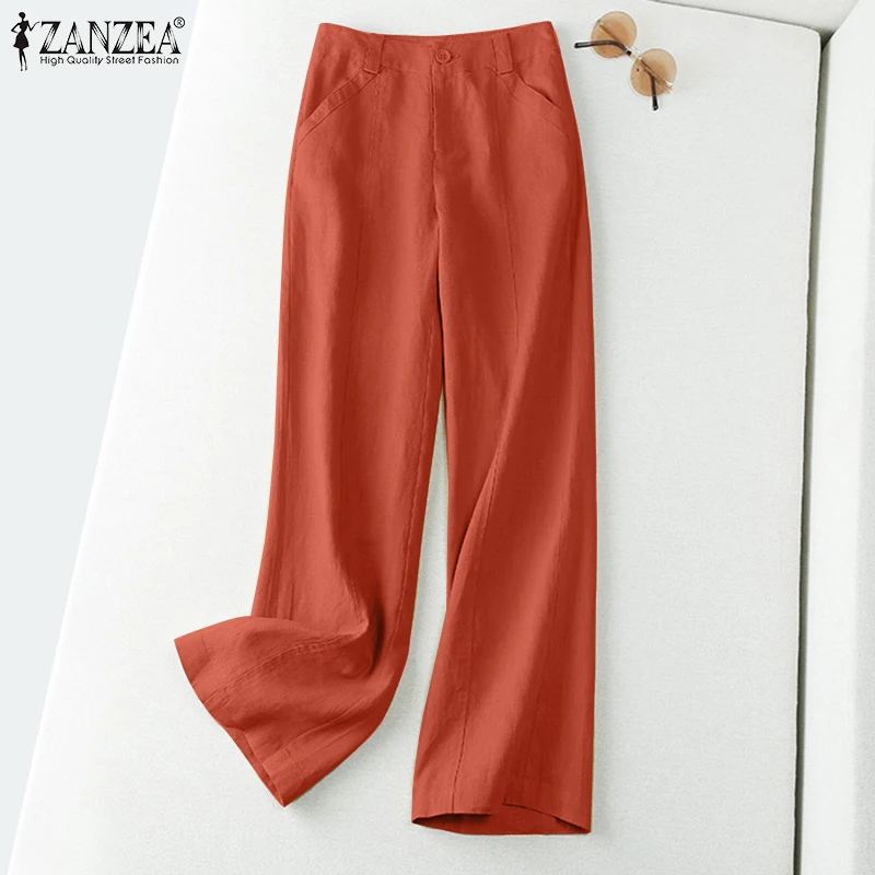 ZANZEA 2025 Autumn Summer Spring Fashion Women Pants Cotton Linen Long Trousers Wide Leg Plain Holiday Casual Pants Streetwear