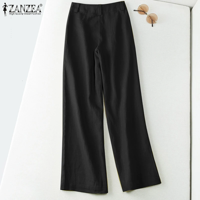 ZANZEA 2025 Autumn Summer Spring Fashion Women Pants Cotton Linen Long Trousers Wide Leg Plain Holiday Casual Pants Streetwear