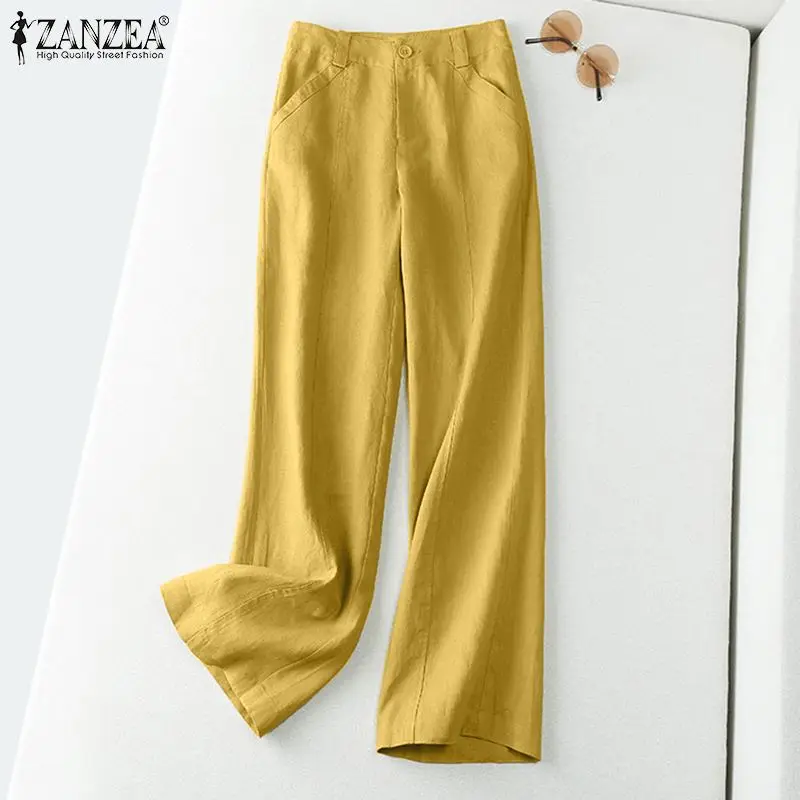 ZANZEA 2025 Autumn Summer Spring Fashion Women Pants Cotton Linen Long Trousers Wide Leg Plain Holiday Casual Pants Streetwear