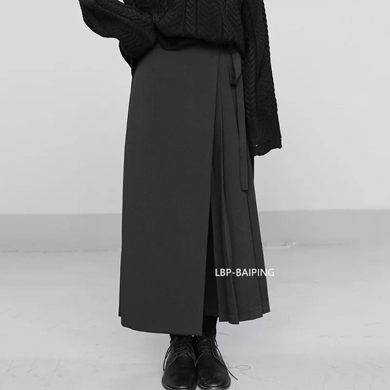 Fashion Korean New Autumn Irregular False Two-piece Skirt Pants Women Wide-leg Pant Ladies Elastic Waist Straps Casual Pant Lady