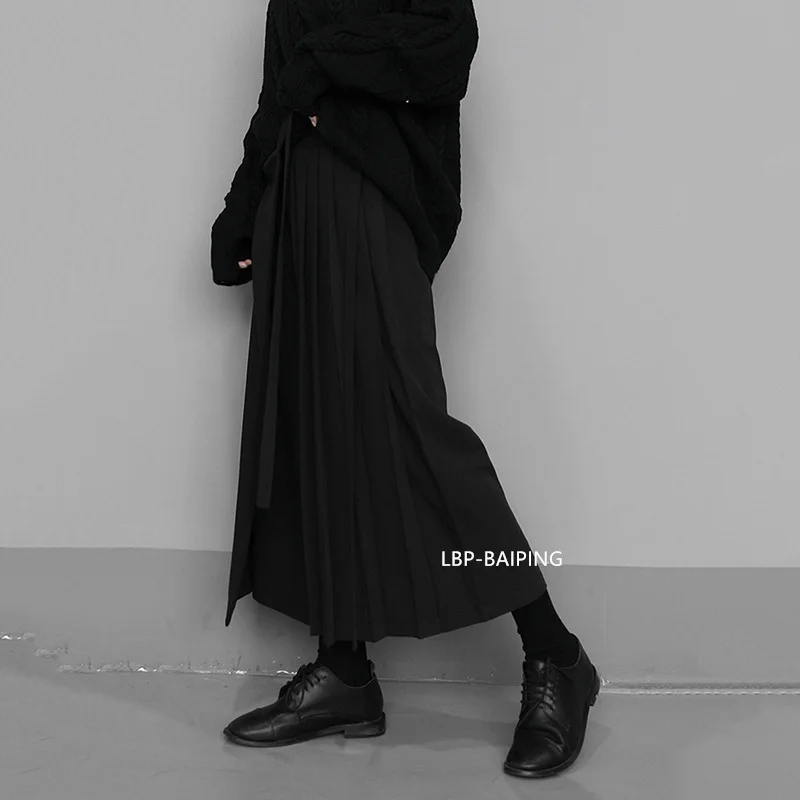 Fashion Korean New Autumn Irregular False Two-piece Skirt Pants Women Wide-leg Pant Ladies Elastic Waist Straps Casual Pant Lady