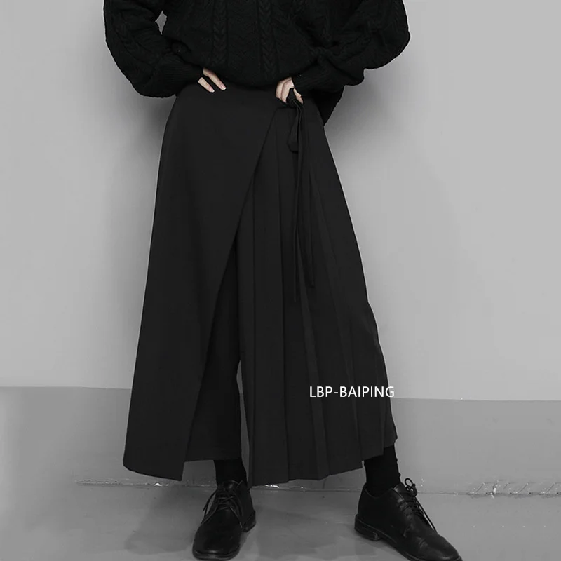 Fashion Korean New Autumn Irregular False Two-piece Skirt Pants Women Wide-leg Pant Ladies Elastic Waist Straps Casual Pant Lady