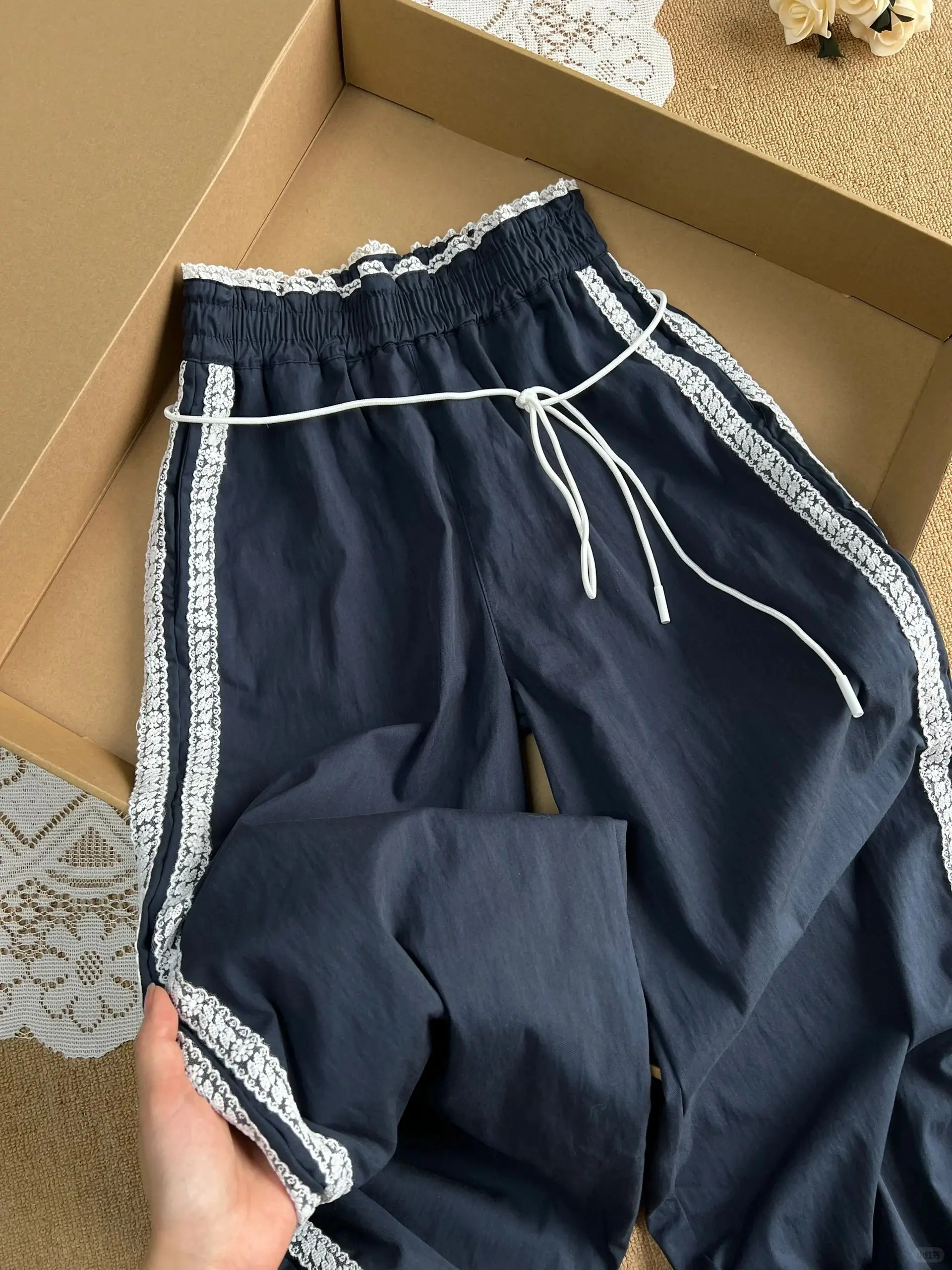 Korean Lace Patchwork Women Harajuku Casual Trousers Wide Leg Pants High Waist Pant Y2k Aesthetic Joggers Hip Hop Pantalones