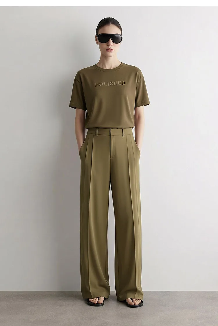 Amii Wide Pants Woman 2026 Autumn New Pleated Breathable Casual Trousers Loose Versatile Middle-aged Women's Clothing 12623019