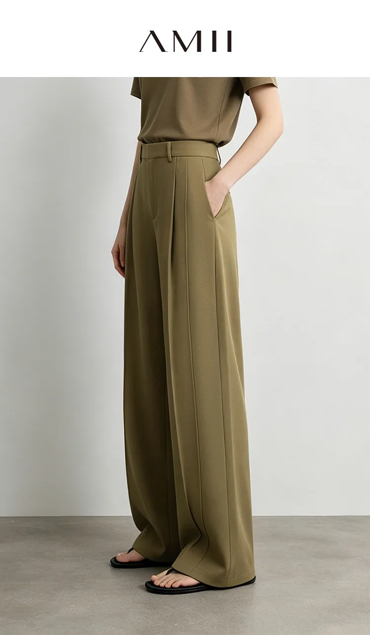 Amii Wide Pants Woman 2026 Autumn New Pleated Breathable Casual Trousers Loose Versatile Middle-aged Women's Clothing 12623019