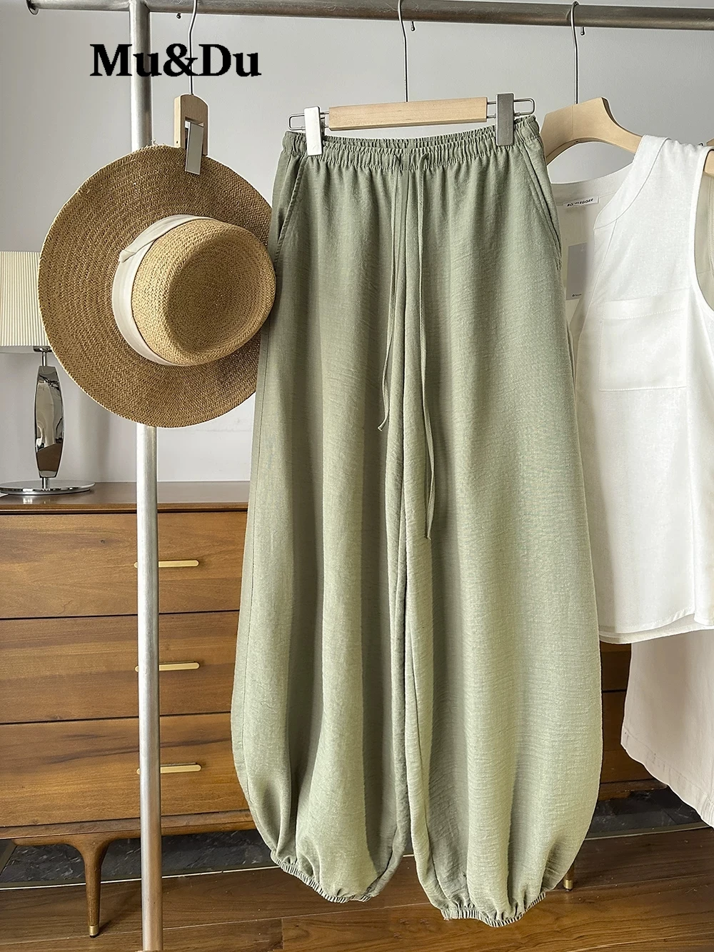 High Quality Summer Fashion Linen Lantern Pants for Women Solid Color Elastic Waist Simple Basic Trouser