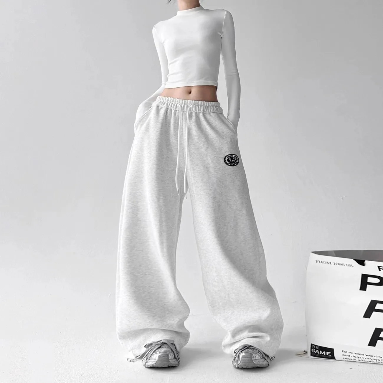 Hip Hop American Jazz JZA Dance Pants Loose Casual Sports Pants Gray Wide Leg Pants