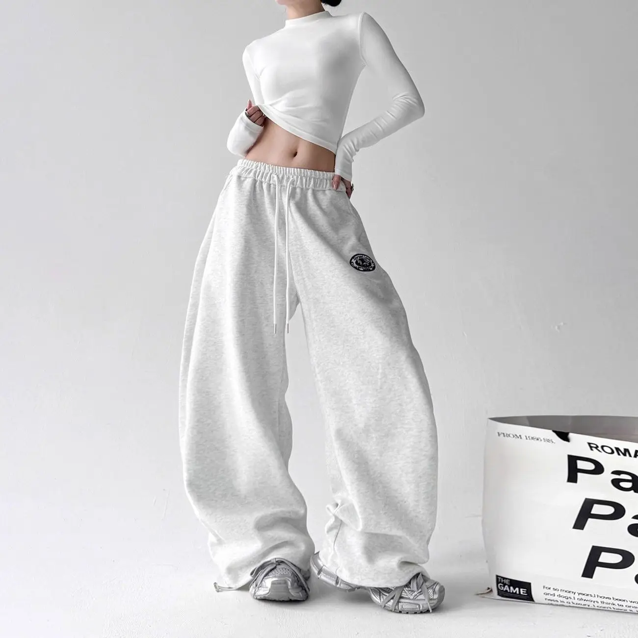 Hip Hop American Jazz JZA Dance Pants Loose Casual Sports Pants Gray Wide Leg Pants