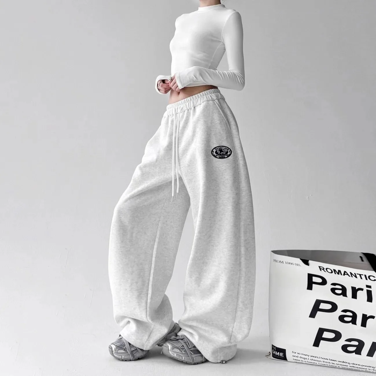 Hip Hop American Jazz JZA Dance Pants Loose Casual Sports Pants Gray Wide Leg Pants