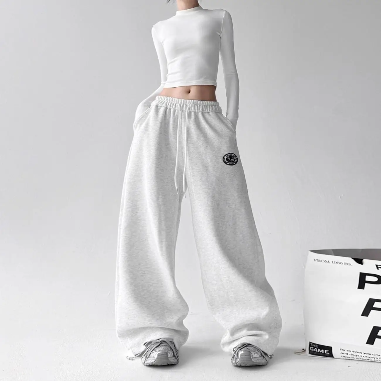 Hip Hop American Jazz JZA Dance Pants Loose Casual Sports Pants Gray Wide Leg Pants