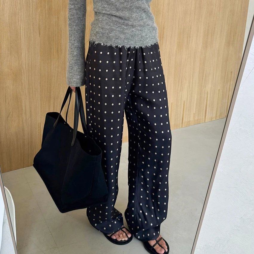 Linad Casual Black Long Dot Pants Women Street Chic Low Waist Wide Leg Pants Autumn Fashion Polyester  Loose Trousers 2025 Fall
