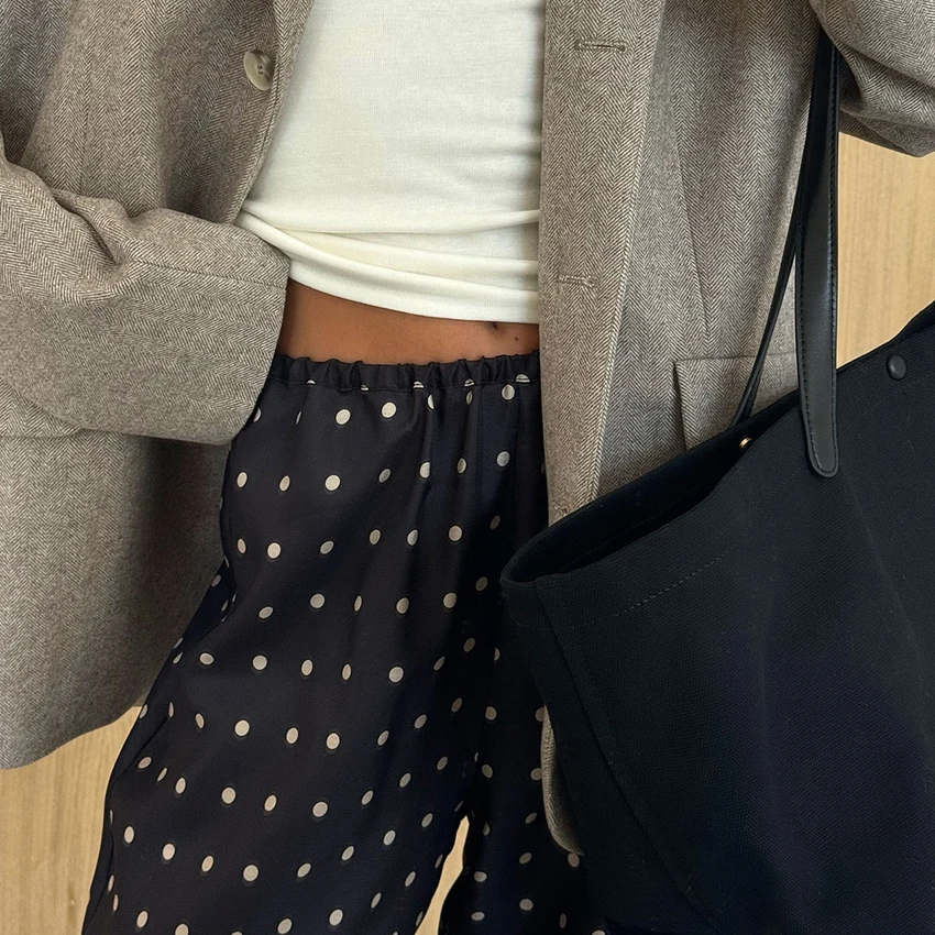 Linad Casual Black Long Dot Pants Women Street Chic Low Waist Wide Leg Pants Autumn Fashion Polyester  Loose Trousers 2025 Fall