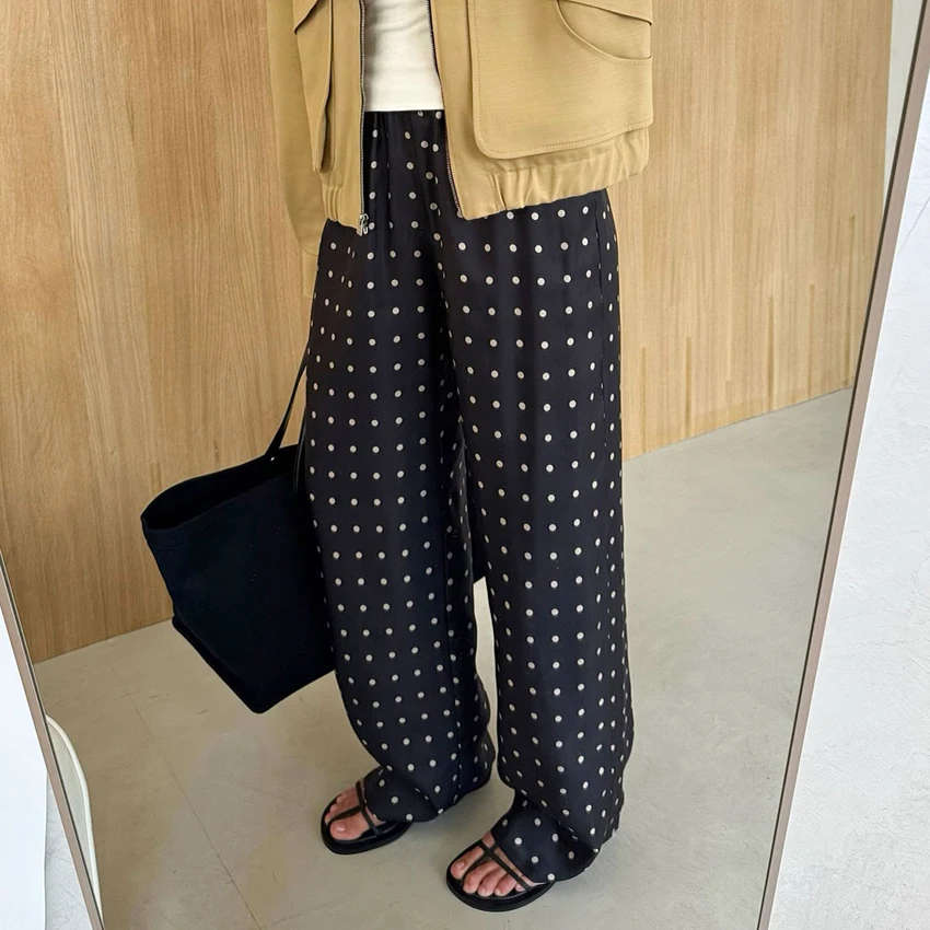 Linad Casual Black Long Dot Pants Women Street Chic Low Waist Wide Leg Pants Autumn Fashion Polyester  Loose Trousers 2025 Fall
