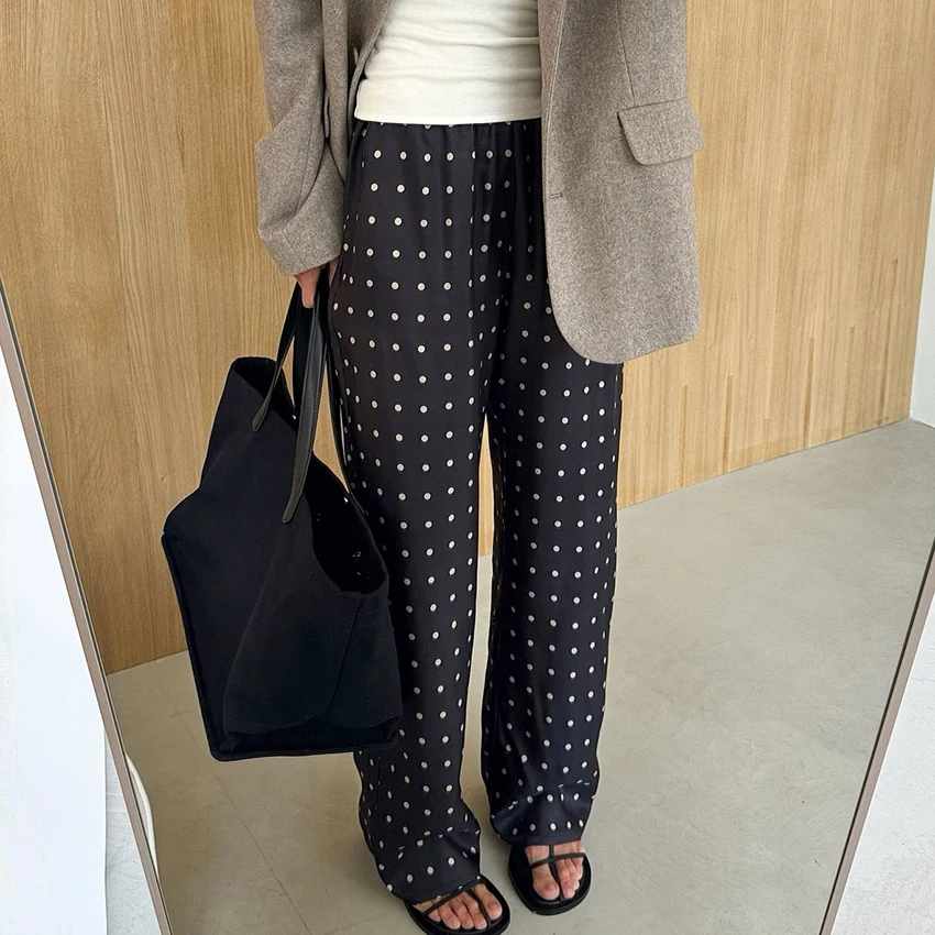Linad Casual Black Long Dot Pants Women Street Chic Low Waist Wide Leg Pants Autumn Fashion Polyester Loose Trousers 2025 Fall