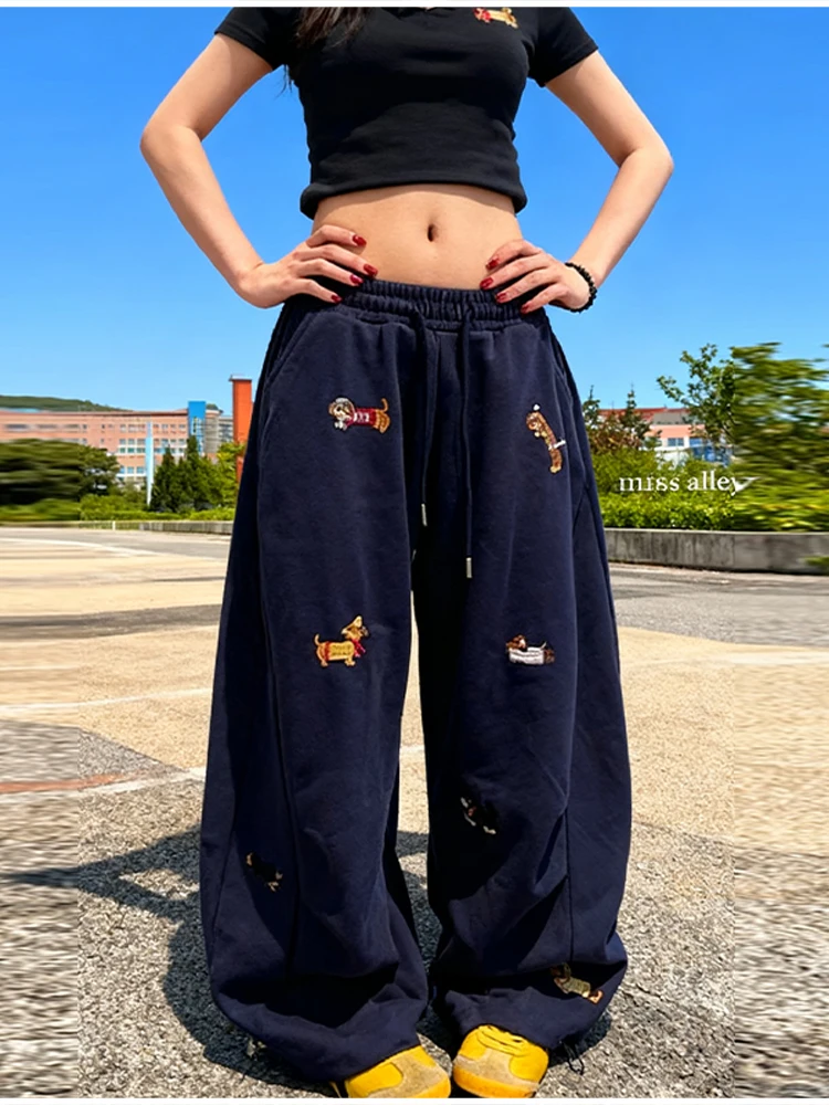 Aoaiiys Grey Loose Pants Women's Sausage Dog Embroidered High Street Trousers 2026 Summer New Drawstring Straight Sweatpants