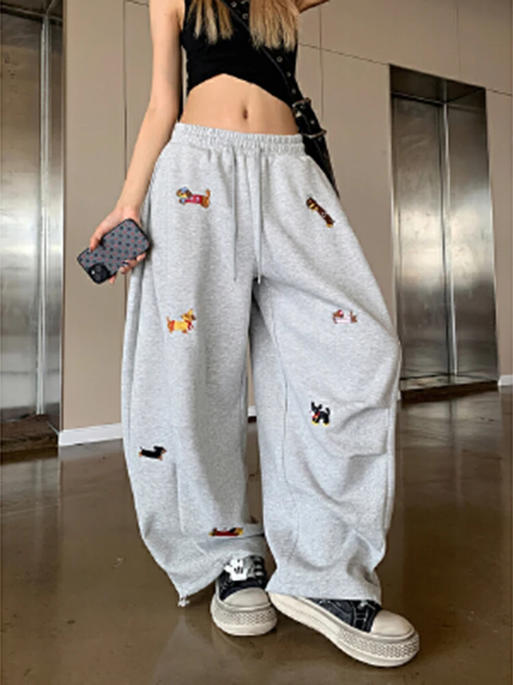 Aoaiiys Grey Loose Pants Women's Sausage Dog Embroidered High Street Trousers 2026 Summer New Drawstring Straight Sweatpants