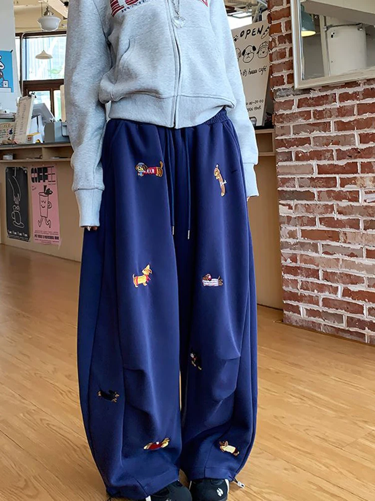 Aoaiiys Grey Loose Pants Women's Sausage Dog Embroidered High Street Trousers 2026 Summer New Drawstring Straight Sweatpants