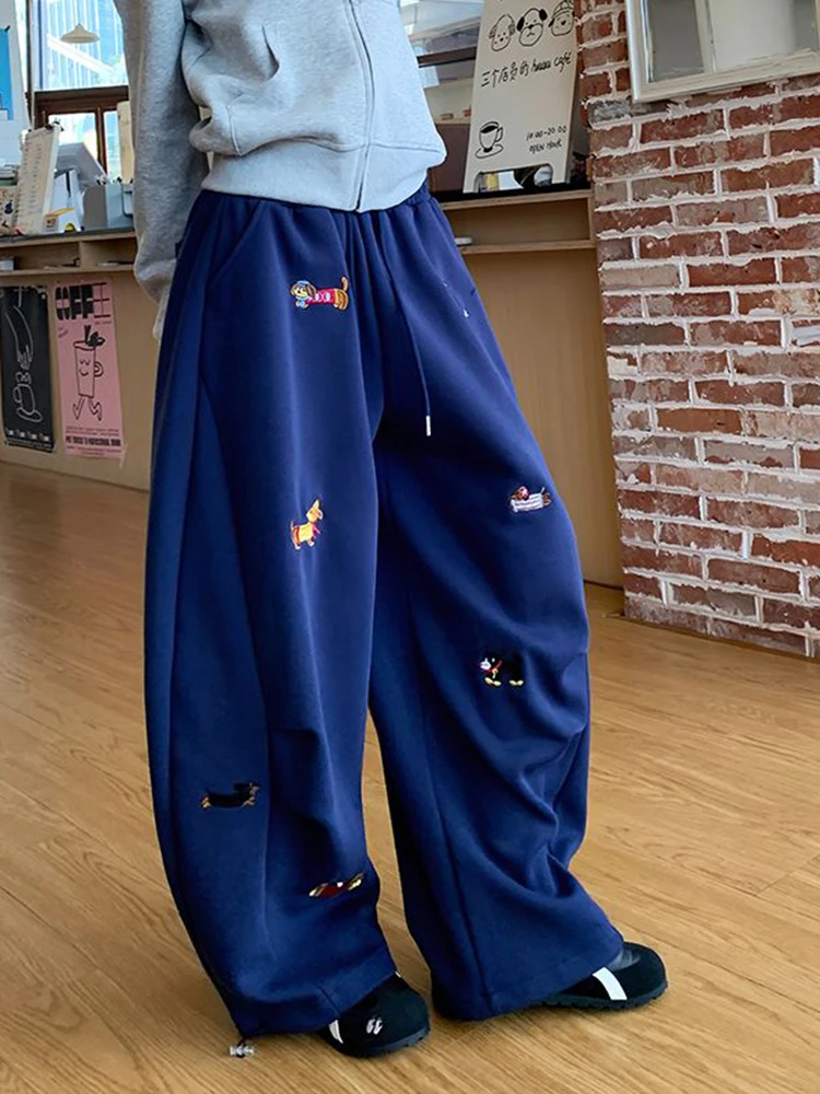 Aoaiiys Grey Loose Pants Women's Sausage Dog Embroidered High Street Trousers 2026 Summer New Drawstring Straight Sweatpants