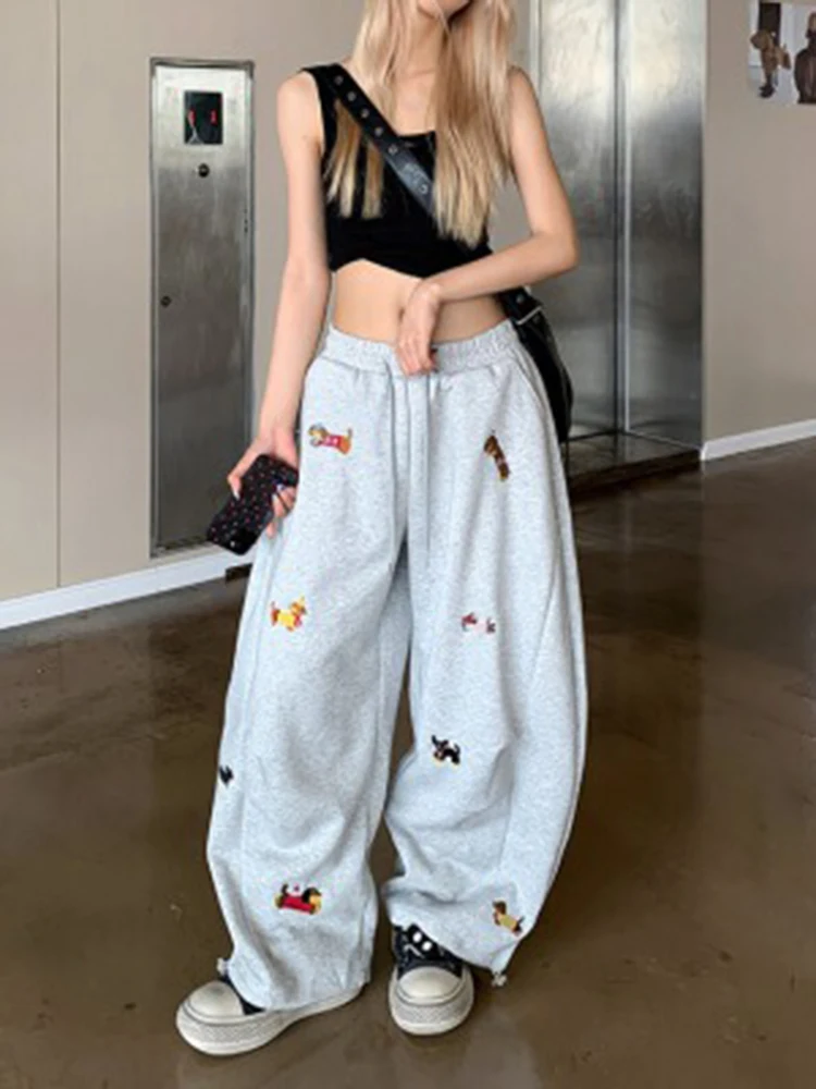 Aoaiiys Grey Loose Pants Women's Sausage Dog Embroidered High Street Trousers 2026 Summer New Drawstring Straight Sweatpants