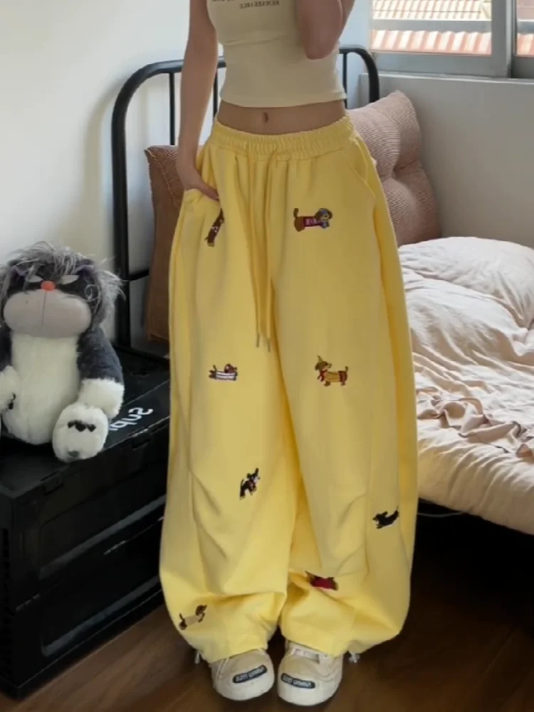 Aoaiiys Grey Loose Pants Women's Sausage Dog Embroidered High Street Trousers 2026 Summer New Drawstring Straight Sweatpants