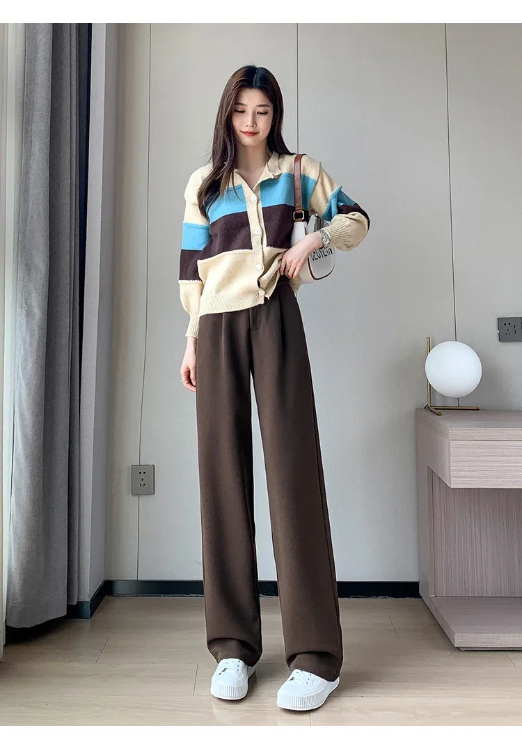 Winter Thick Loose Casual Female Wide Leg Pants Pure Color Chic Buttons Straight Slim Fashion Women Pants Black Apricot