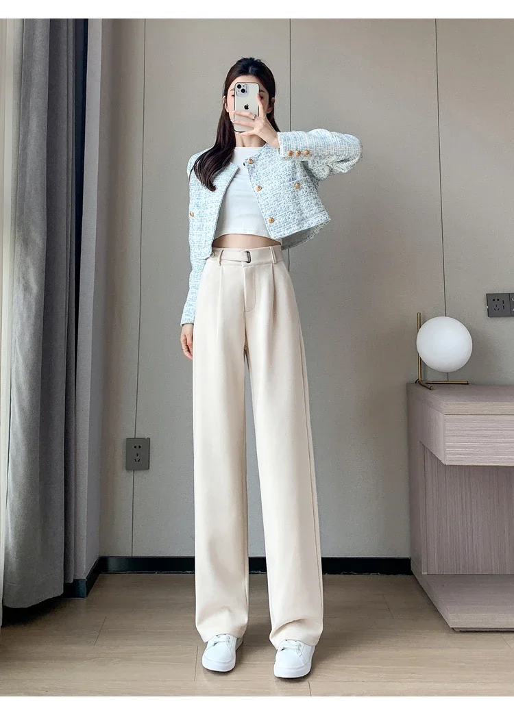 Winter Thick Loose Casual Female Wide Leg Pants Pure Color Chic Buttons Straight Slim Fashion Women Pants Black Apricot