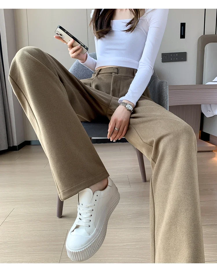 Winter Thick Loose Casual Female Wide Leg Pants Pure Color Chic Buttons Straight Slim Fashion Women Pants Black Apricot