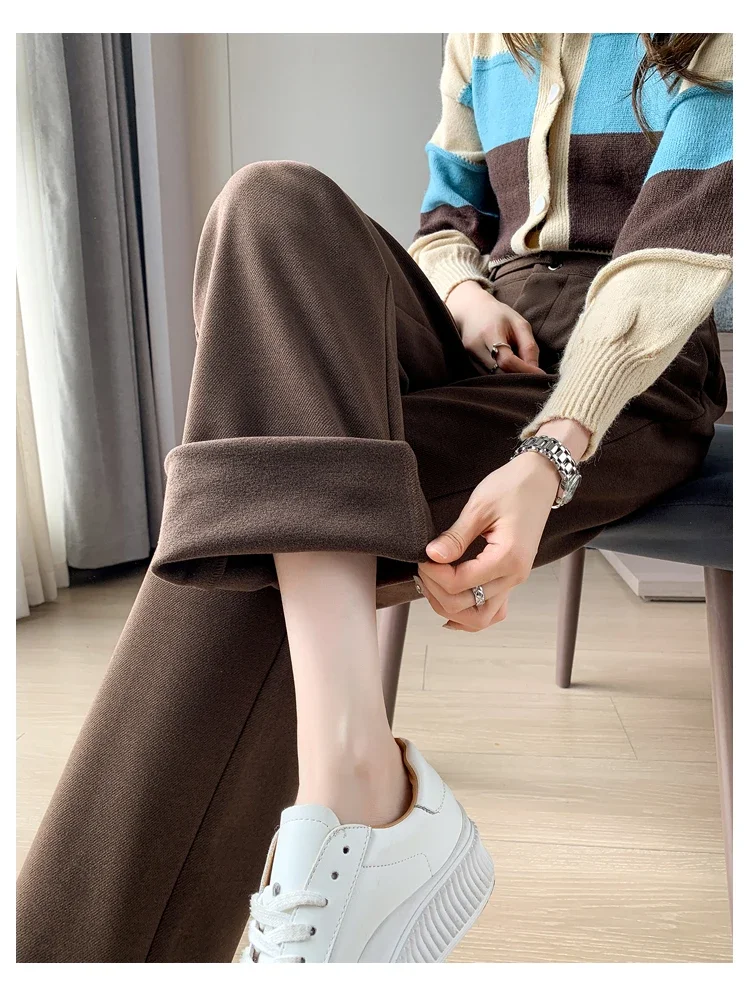 Winter Thick Loose Casual Female Wide Leg Pants Pure Color Chic Buttons Straight Slim Fashion Women Pants Black Apricot