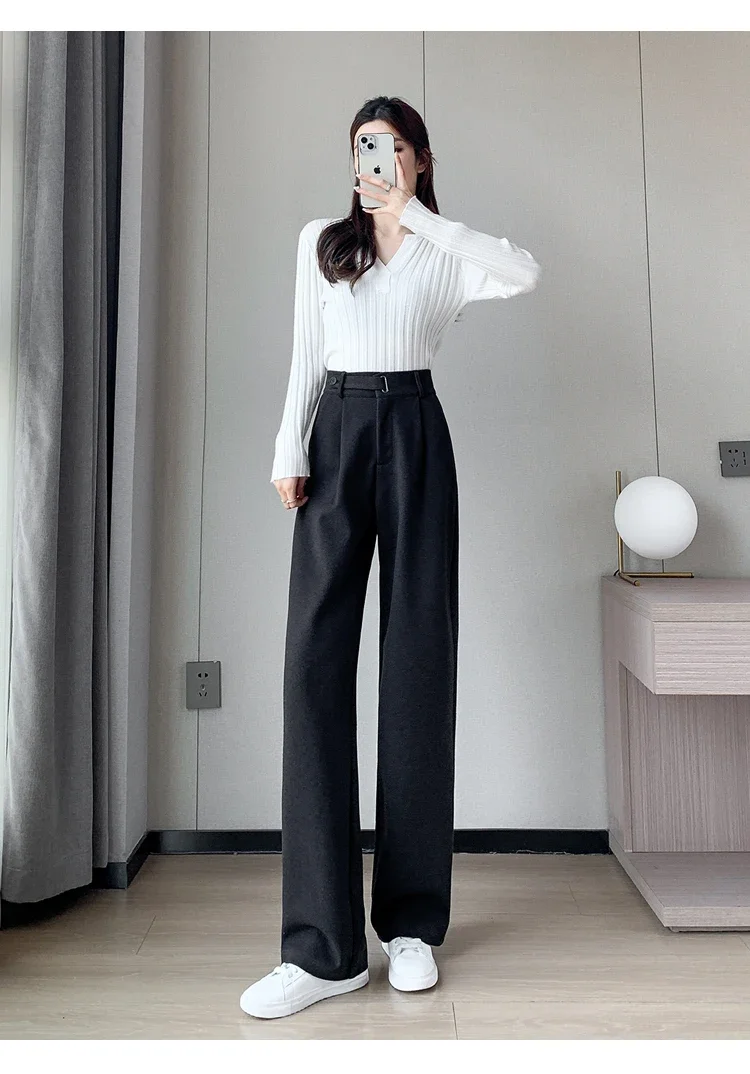 Winter Thick Loose Casual Female Wide Leg Pants Pure Color Chic Buttons Straight Slim Fashion Women Pants Black Apricot