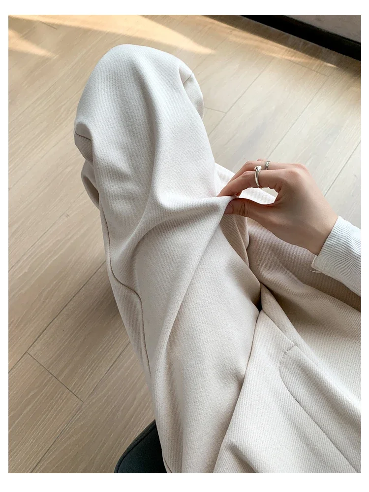 Winter Thick Loose Casual Female Wide Leg Pants Pure Color Chic Buttons Straight Slim Fashion Women Pants Black Apricot