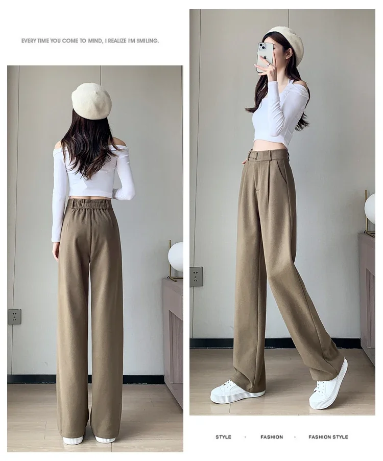 Winter Thick Loose Casual Female Wide Leg Pants Pure Color Chic Buttons Straight Slim Fashion Women Pants Black Apricot