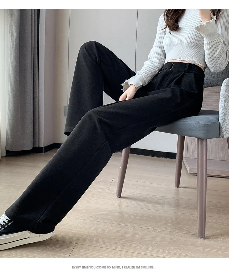 Winter Thick Loose Casual Female Wide Leg Pants Pure Color Chic Buttons Straight Slim Fashion Women Pants Black Apricot