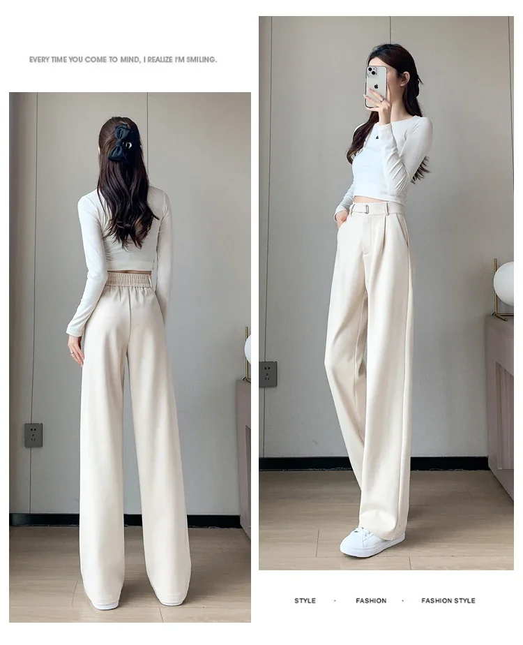 Winter Thick Loose Casual Female Wide Leg Pants Pure Color Chic Buttons Straight Slim Fashion Women Pants Black Apricot