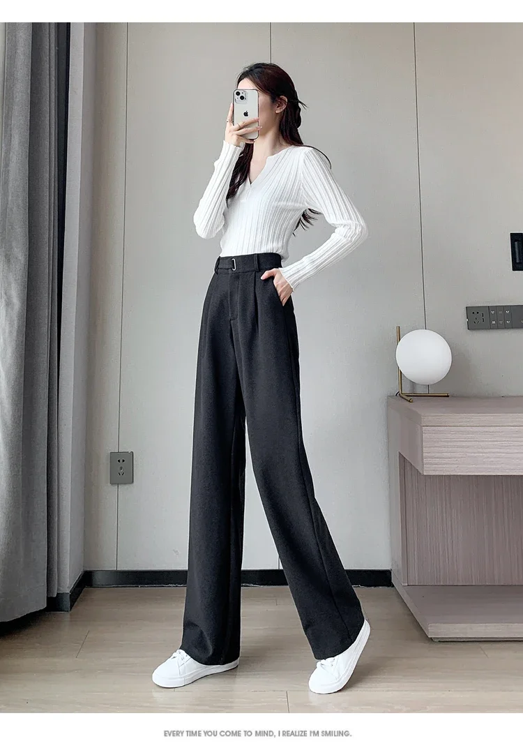 Winter Thick Loose Casual Female Wide Leg Pants Pure Color Chic Buttons Straight Slim Fashion Women Pants Black Apricot
