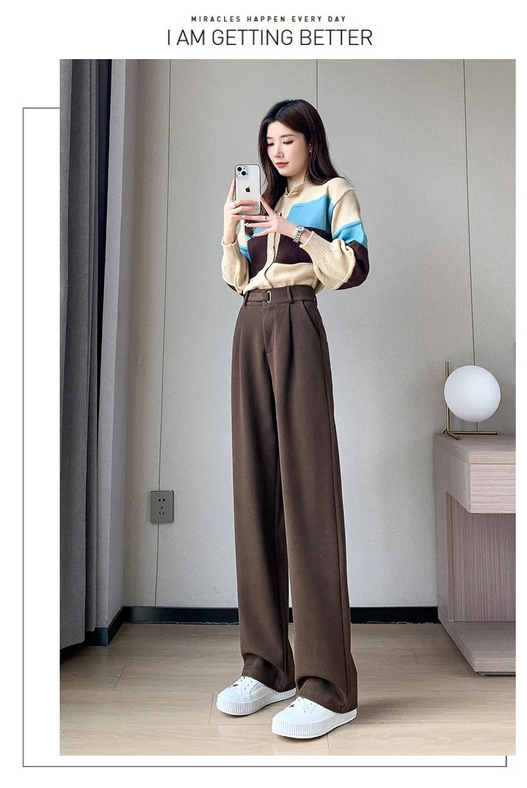 Winter Thick Loose Casual Female Wide Leg Pants Pure Color Chic Buttons Straight Slim Fashion Women Pants Black Apricot