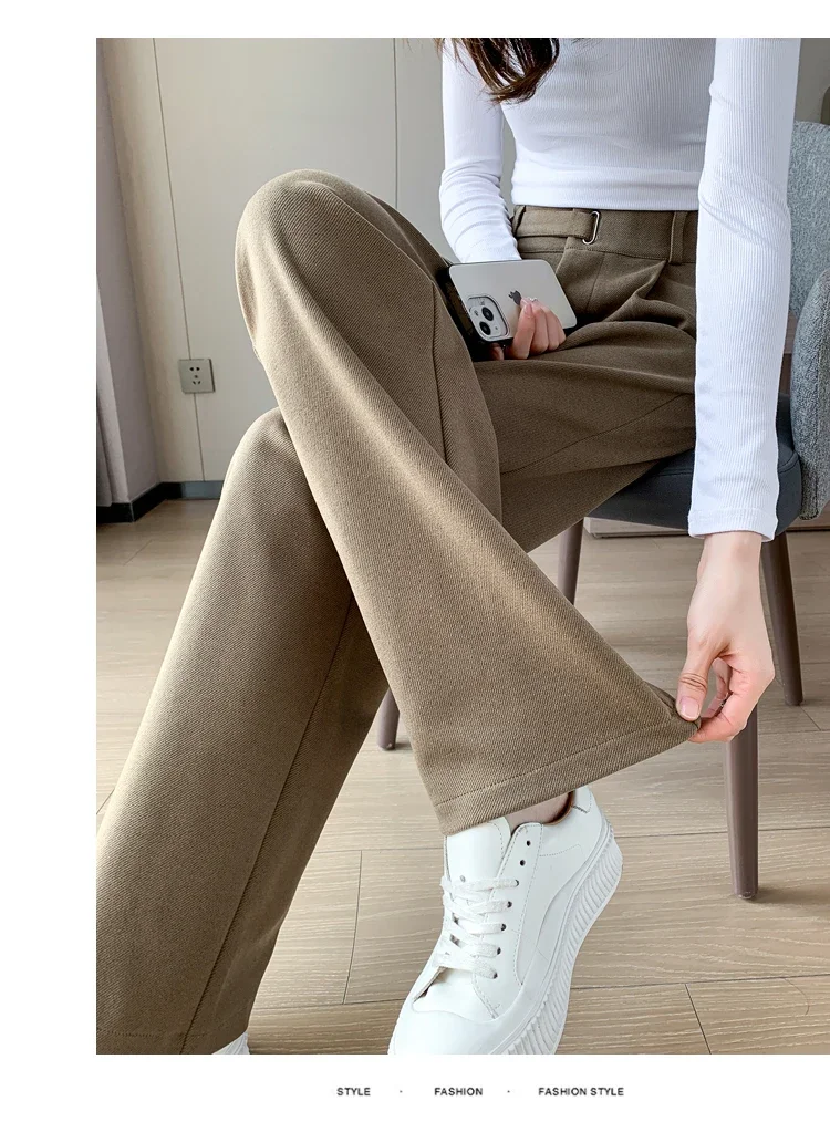 Winter Thick Loose Casual Female Wide Leg Pants Pure Color Chic Buttons Straight Slim Fashion Women Pants Black Apricot
