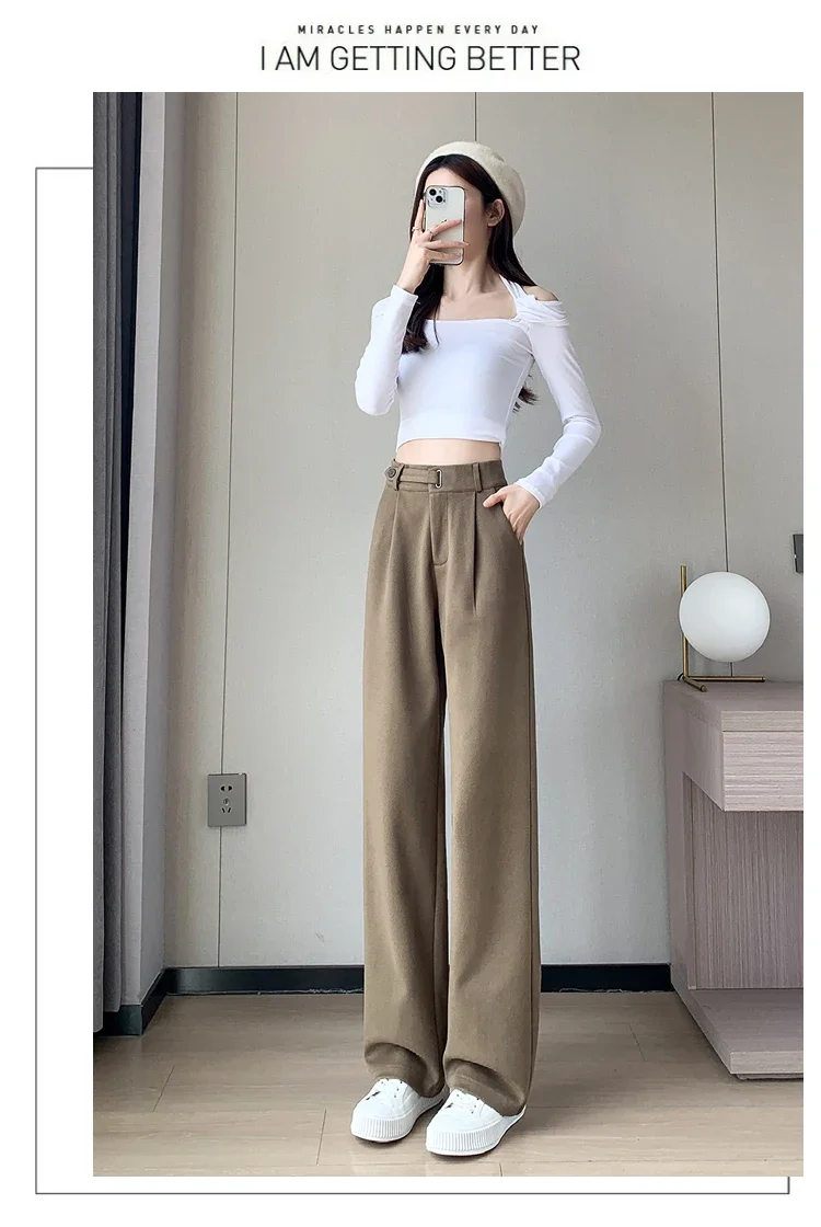 Winter Thick Loose Casual Female Wide Leg Pants Pure Color Chic Buttons Straight Slim Fashion Women Pants Black Apricot